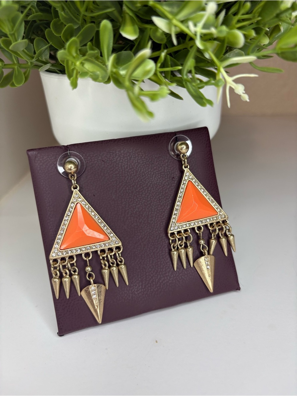 Cookie Lee Orange Triangle Dangle Earrings with Gold Fringe